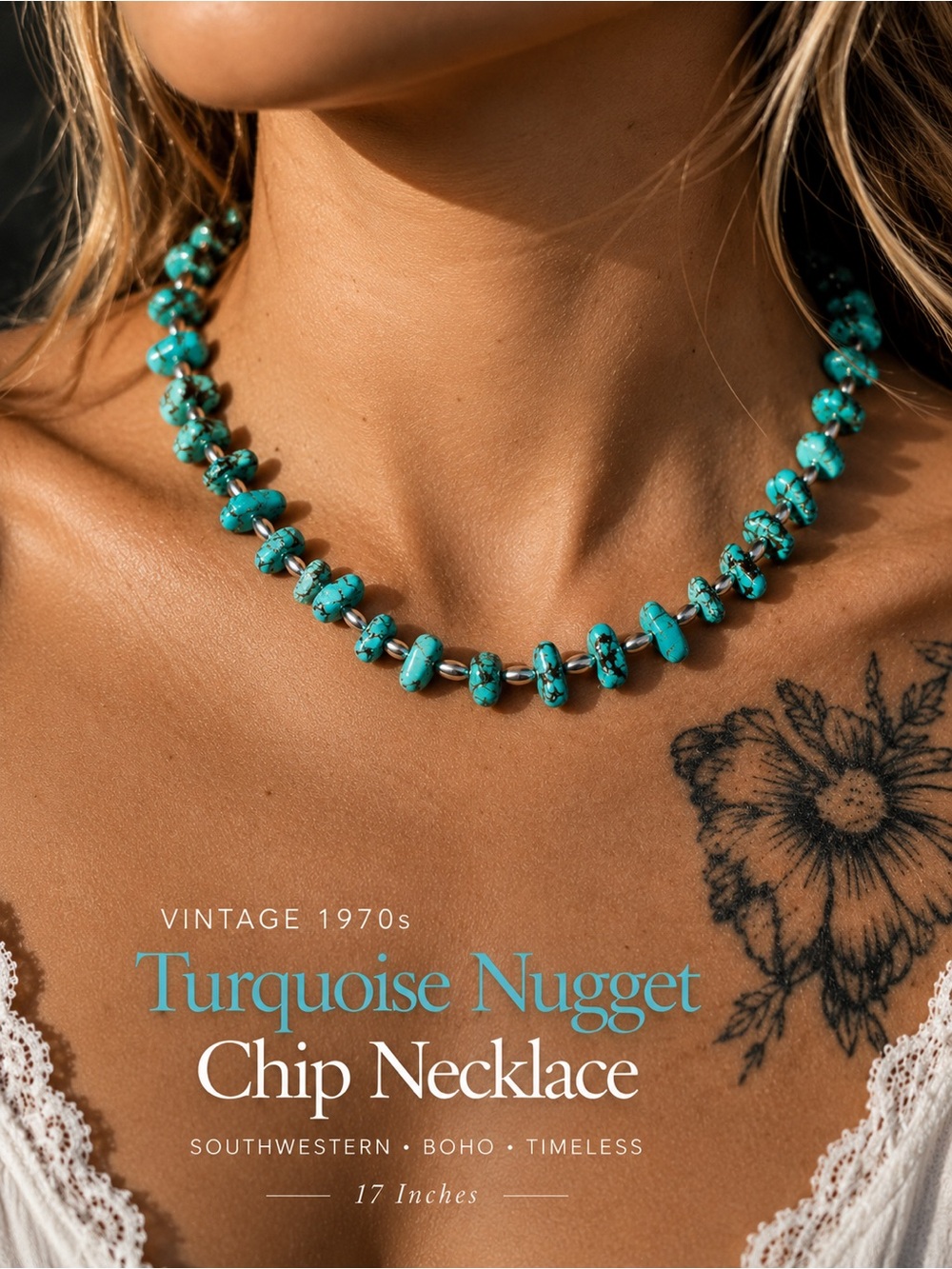 Vintage Turquoise Nugget Necklace 17” Boho Southwestern Beaded Choker